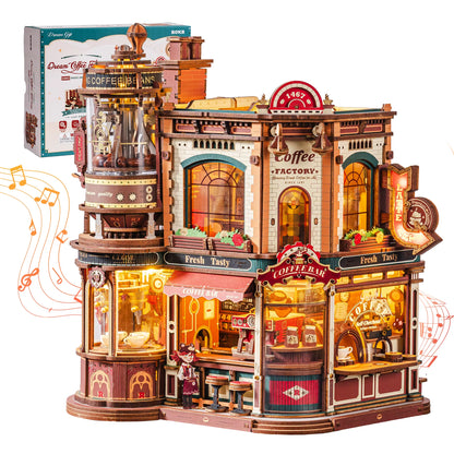 ROKR Wooden 3D Puzzle Dream Coffee Factory Music Box Model Building Kit - 593-Piece DIY Miniature House with LED Light, Unique Home Decor Gift for Adults and Women
