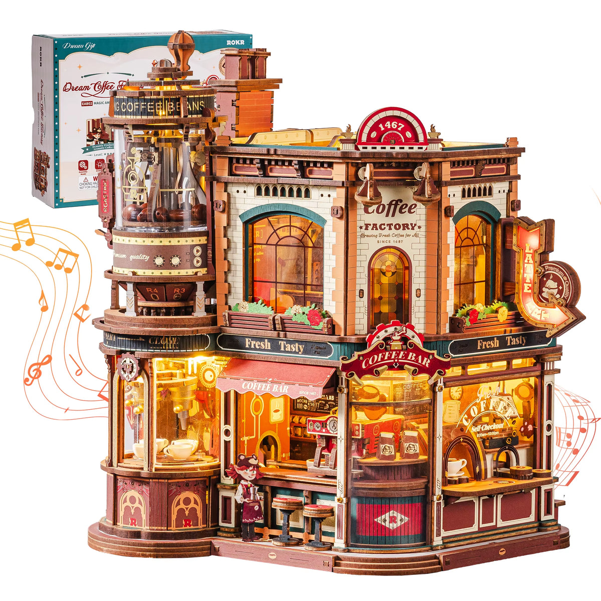 ROKR Wooden 3D Puzzle Dream Coffee Factory Music Box Model Kit - 593-Piece DIY Miniature House with LED Light - Unique Home Decor Gift for Adults and Women