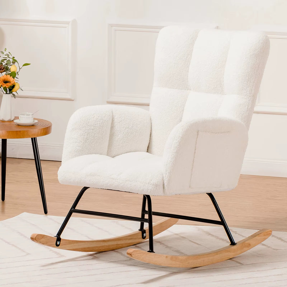 COMHOMA Teddy Glider Rocking Chair with Side Pockets, High Back Design for Adults - Ideal for Bedroom and Living Room