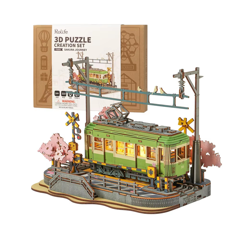 Rolife Wooden 3D Puzzle Sakura Journey Tram DIY Model Kit with LED for Home Decor and Gift for Adults and Families