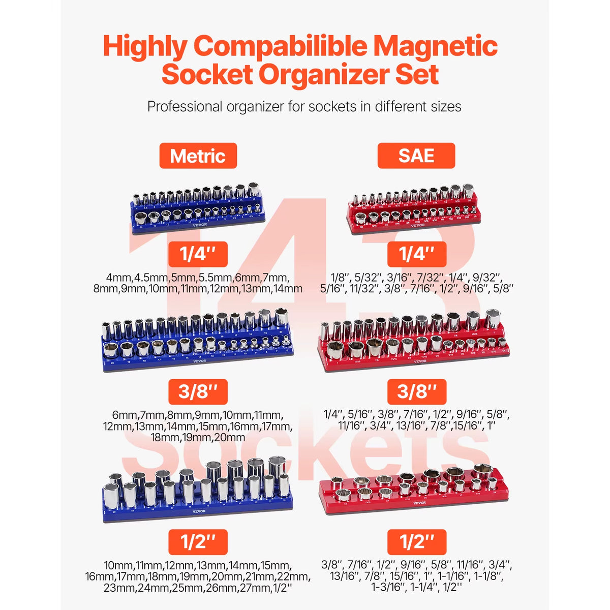 Succebuy Magnetic Socket Organizer Set - 6 or 8 Pieces, Blue and Red, for 3/8'' and 1/2'' Metric and SAE Sockets with Clear Labels for Tool Box