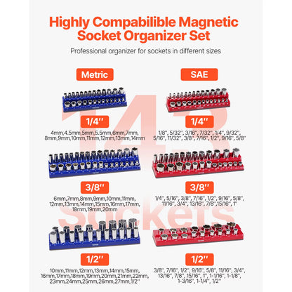 Succebuy Magnetic Socket Organizer Set - 6 or 8 Pieces, Blue and Red, for 3/8'' and 1/2'' Metric and SAE Sockets with Clear Labels for Tool Box
