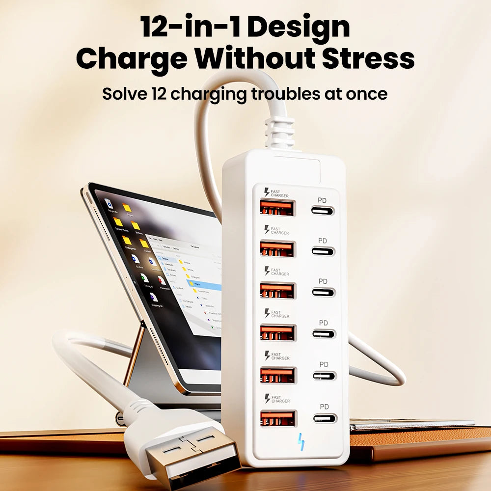 12-in-1 USB Charging Station with Fast Charging Capability and 1M Cord for Home and Office Use