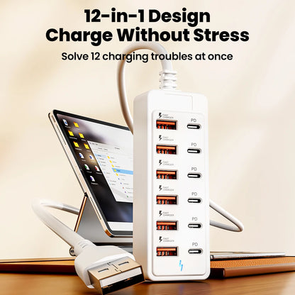 12-in-1 USB Charging Station with Fast Charging Capability and 1M Cord for Home and Office Use