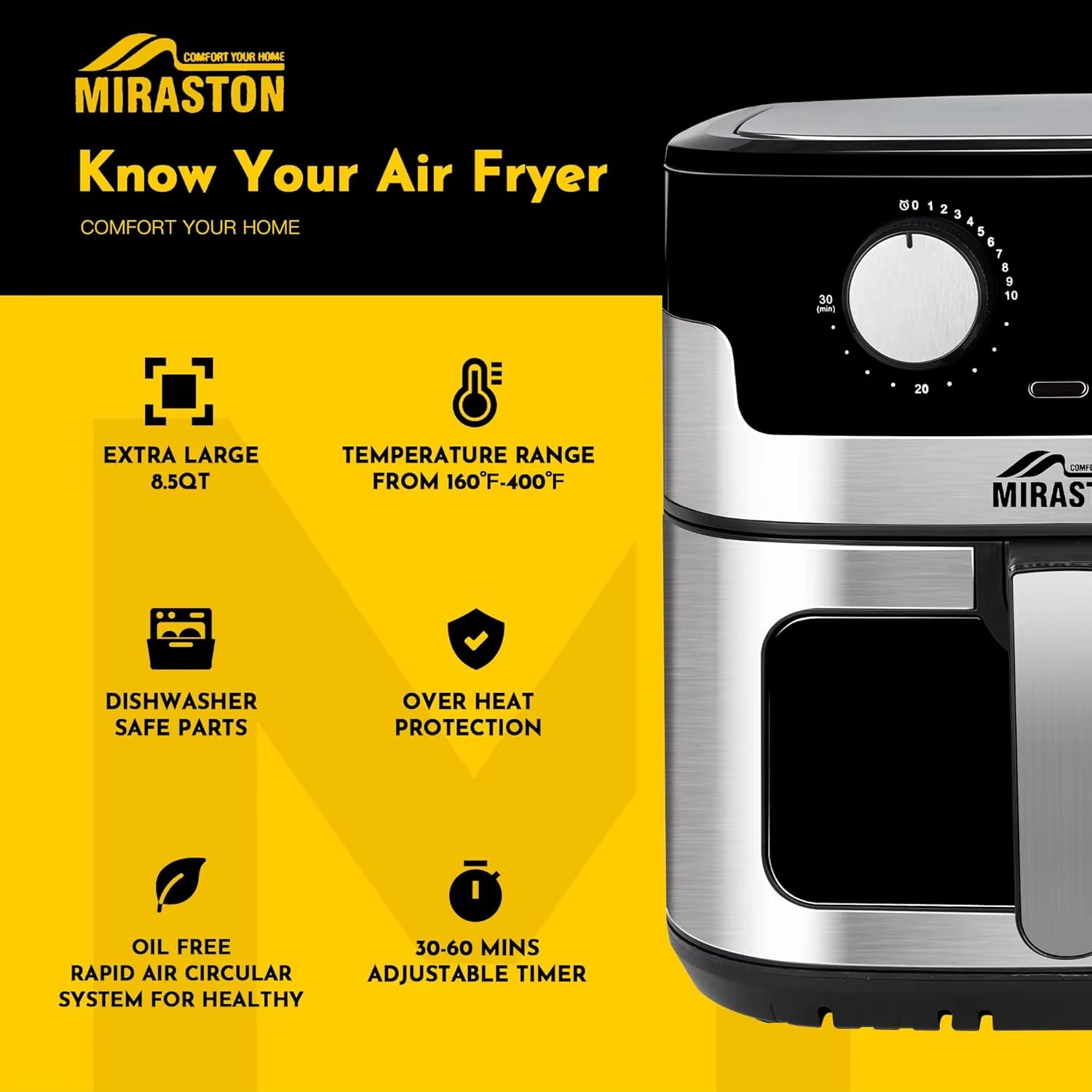 8.5QT Air Fryer, Upgraded Family Size Capacity, Visual Window, Square Basket Dials Stainless Steel Air Fryers, Reheat Leftovers,