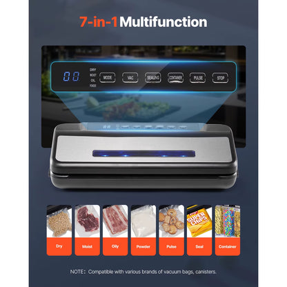 80Kpa 120W Electric Vacuum Sealer Machine 7-In-1 Wet Food Sealer with Free 10Pcs Vacuum Bags for Kitchen Food Storage