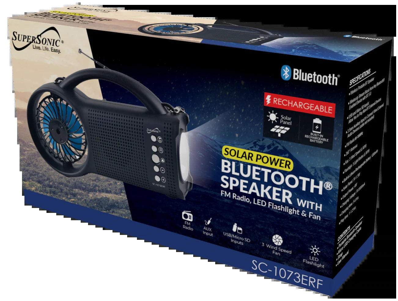 Supersonic Solar Power Bluetooth Speaker with FM Radio, LED Torch Light & Fan (SC-1073ERF)