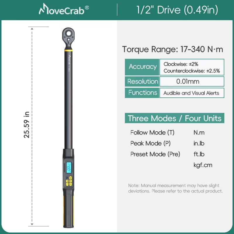 Digital Torque Wrench 1-340N.M 2% Accuracy Preset & Led/Buzzer Alerts for Bike Motorcycles Automotive Mechanical Tool