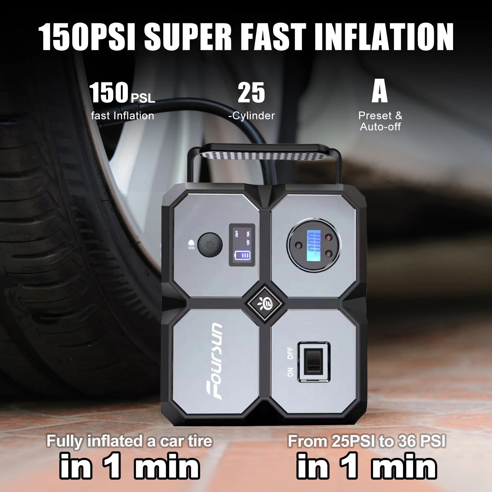 Foursun Car Jump Starter with Air Compressor, Foursun 4000A 26800Mah Jump Starter Battery Pack (All Gas/8.0L Diesel) 150PSI Digital Tire Inflator, 12V Car Lithium Battery Jump Box Pack Power Charger