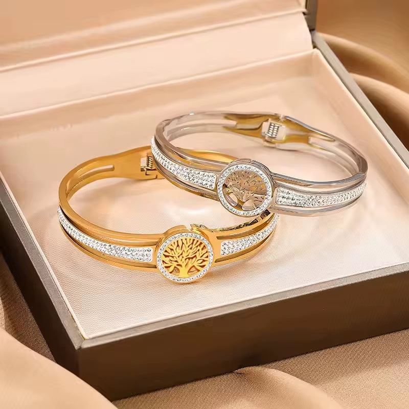 4Pcs/Set Stainless Steel Hollow Tree of Life Peace Pendant Necklace Bracelet Earrings Ladies Wedding Jewelry Set
