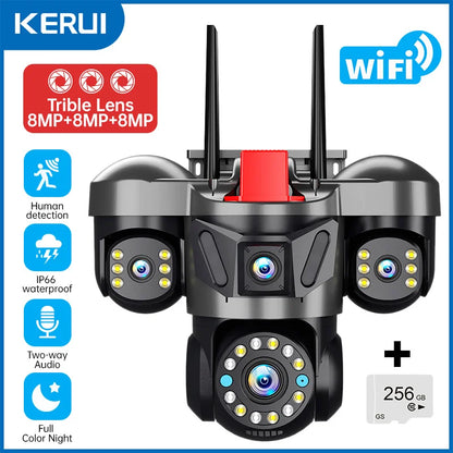 12K 24MP Outdoor Wifi Camera Triple Lens Home Security CCTV Video Surveillance System with Night Vision Triple Screens