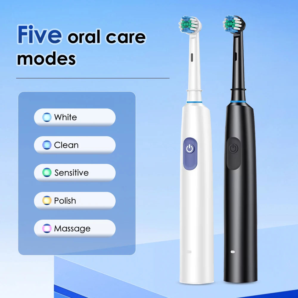 Smart Rotating Electric Toothbrush with Rechargeable Functionality, 4 Replacement Heads, and 5 Whitening Modes