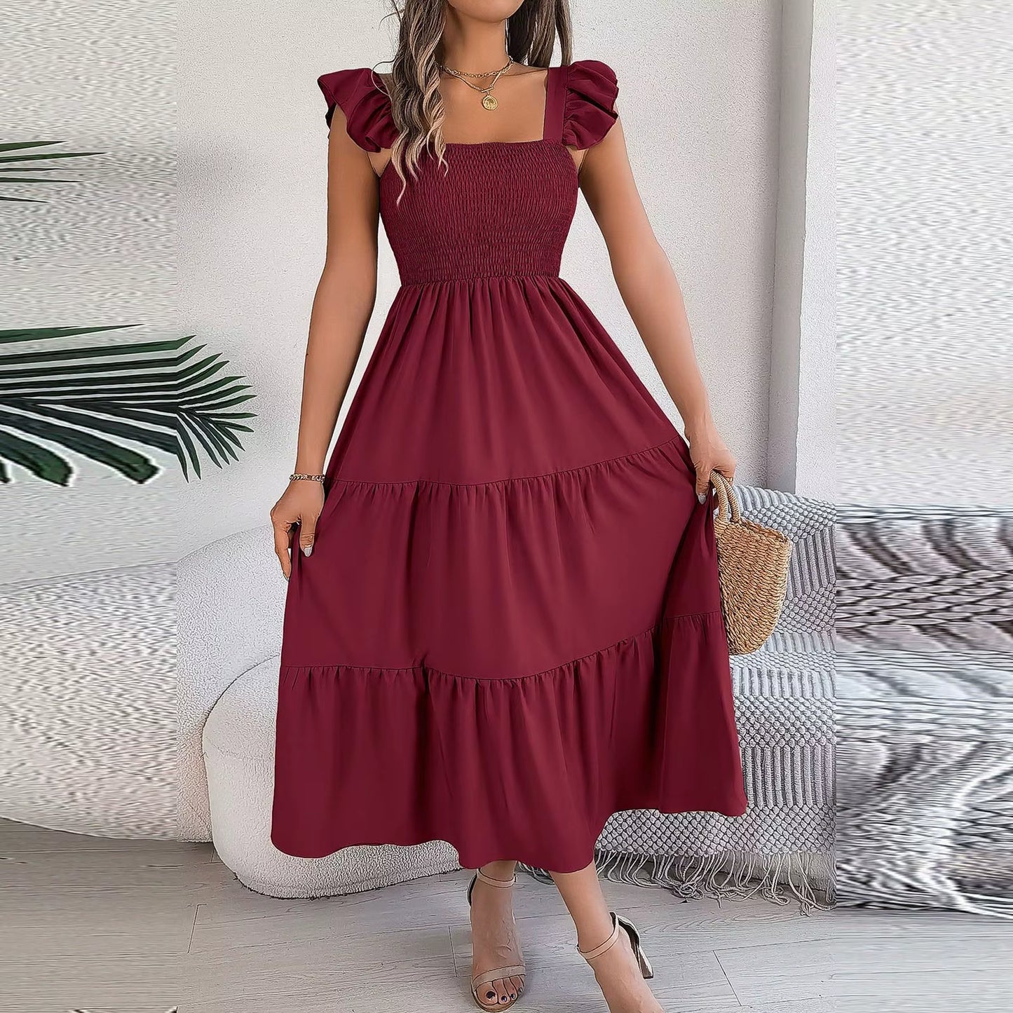 2024 Summer Solid Tank Long Dress for Women Square Collar Sleeveless A-Line Maxi Dress Backless Slim Waist Pleated Beach Dresses