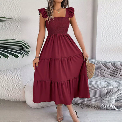 2024 Summer Solid Tank Long Dress for Women Square Collar Sleeveless A-Line Maxi Dress Backless Slim Waist Pleated Beach Dresses