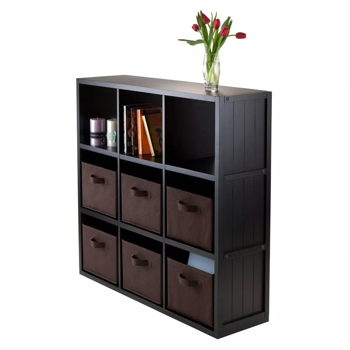 40.08" 7-Piece Timothy Storage Shelf Unit with Folding Fabric Baskets in Black - Home Office Organizer