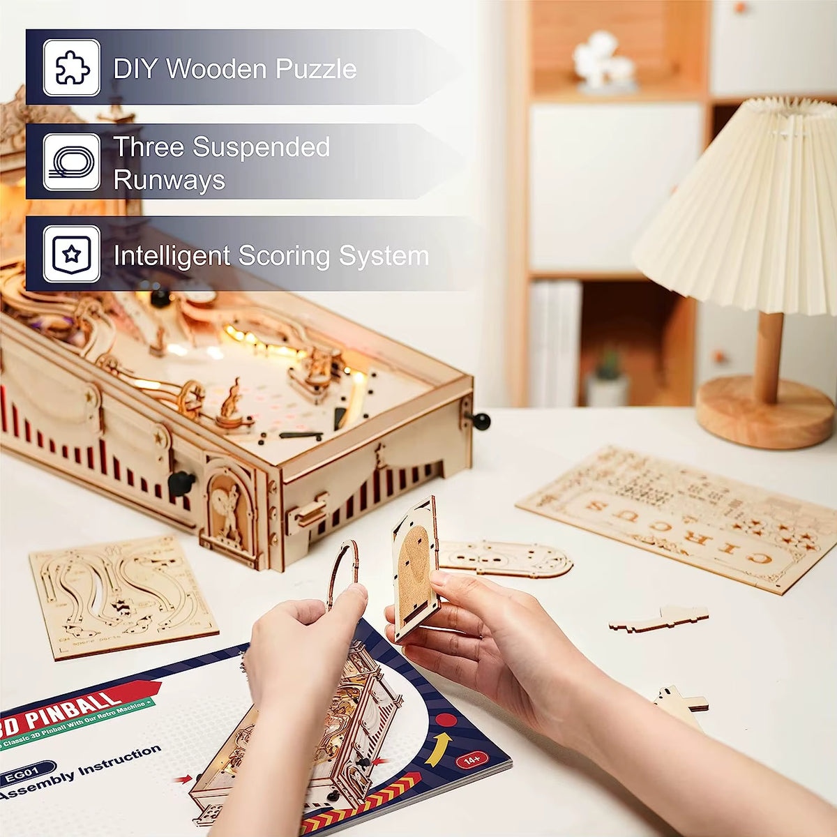 Robotime 3D Pinball Machine Puzzle - Engaging Mechanical Wooden Model Building Kit for Adults and Teens Aged 14+