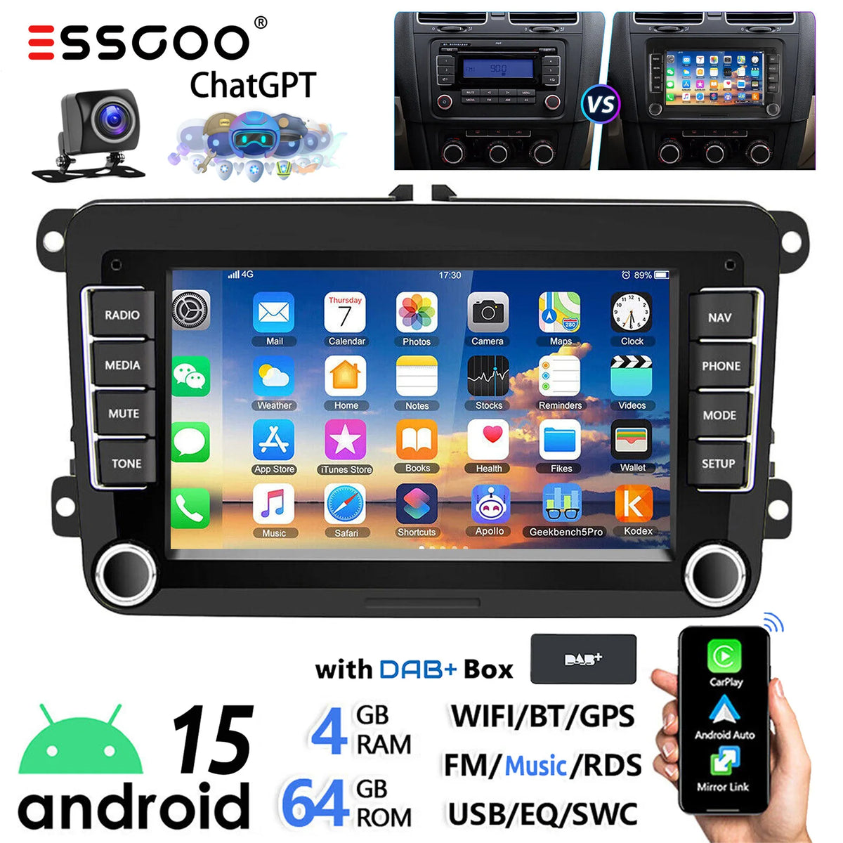 ESSGOO 7-Inch Android Car Stereo with 4G RAM, 64G Storage, Apple CarPlay, ChatGPT, GPS, WiFi, RDS, and Bluetooth Compatibility for VW Golf 5/6, Passat, Polo, Touran, Tiguan, Caddy, and EOS