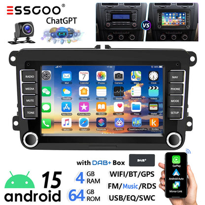 ESSGOO 7-Inch Android Car Stereo with 4G RAM, 64G Storage, Apple CarPlay, ChatGPT, GPS, WiFi, RDS, and Bluetooth Compatibility for VW Golf 5/6, Passat, Polo, Touran, Tiguan, Caddy, and EOS