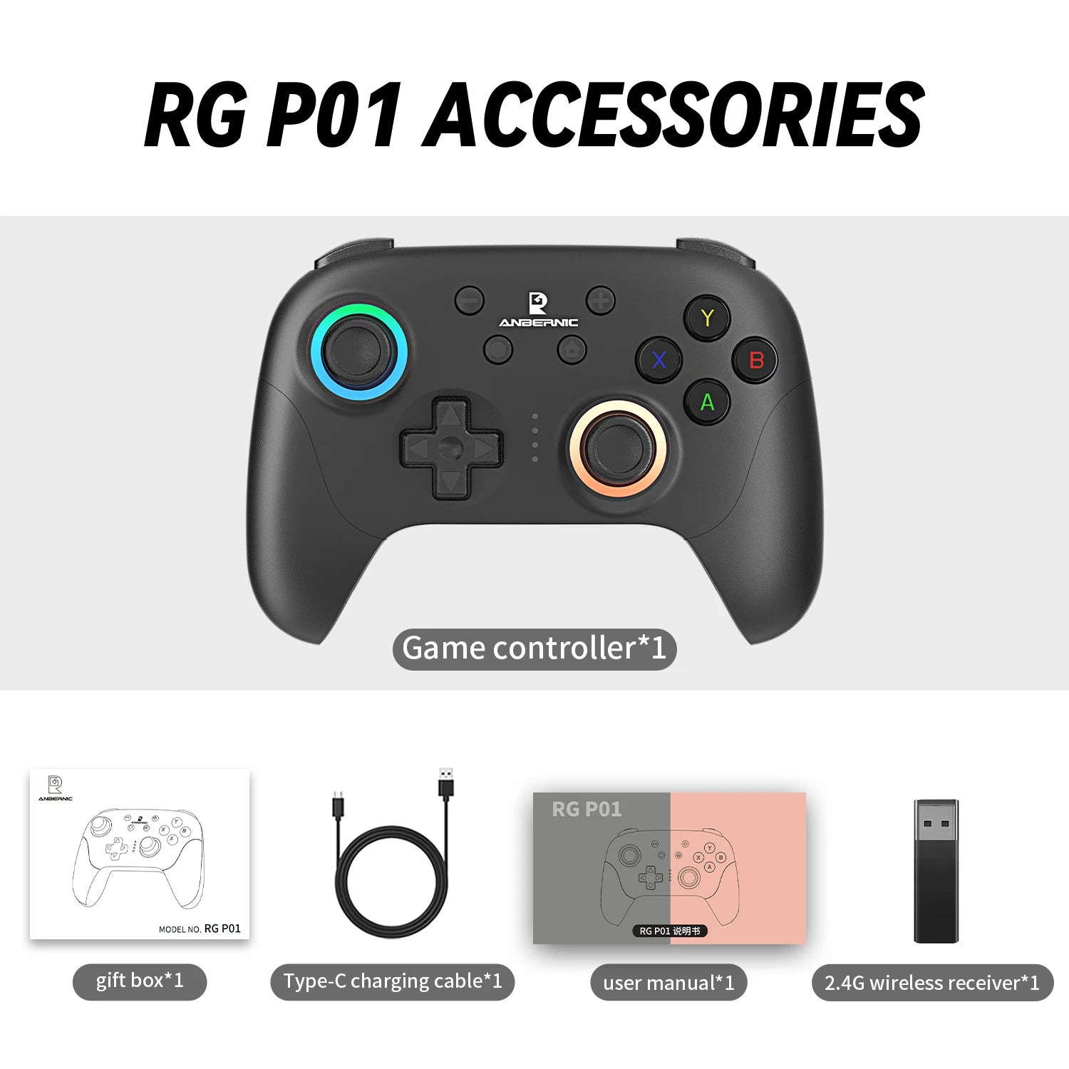 ANBERNIC RG P01 Retro Games Controller Wired/Wireless Bluetooth RGB  Effect Joystick XBOX Gamepad for PC Android IOS Steam