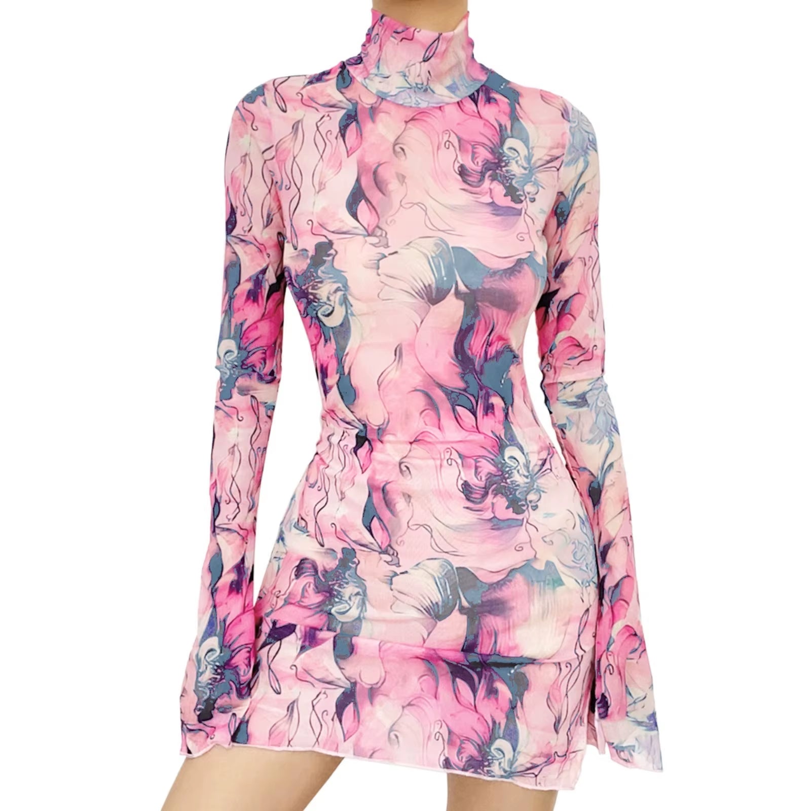 Ladies Mesh Printed Y2K Vintage Dress High Street Slim Elastic Bodycon Party Dress round Neck Bell Sleeve Side Open Hip Dresses