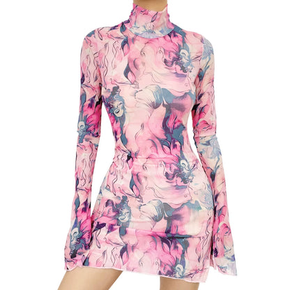 Ladies Mesh Printed Y2K Vintage Dress High Street Slim Elastic Bodycon Party Dress round Neck Bell Sleeve Side Open Hip Dresses