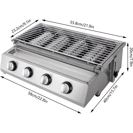 Professional 4-Burner Stainless Steel Portable Tabletop Propane/Lpg Gas Grill ,Smokeless for Camping & Indoor/Outdoor BBQ