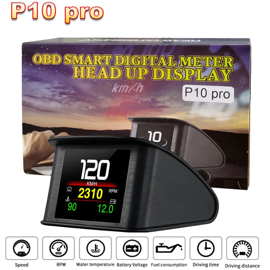 P10 Pro Head up Display On-Board Computer Car Digital OBD2 Mileage OBD Driving Computer Display Speedometer Temperature Gauge
