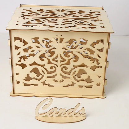 DIY Wedding Card Box Wooden Couple Money Boxes with Lock Hollow Floral Pattern Wedding Decor Gift Envelope Birthday Supplies