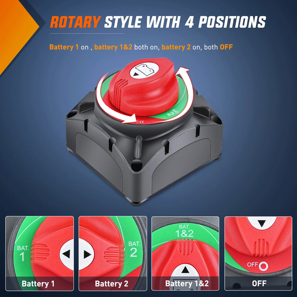 High Current Heavy Duty Battery Disconnect Isolator Switch for 12V-48V Truck, Trailer, and RV Applications