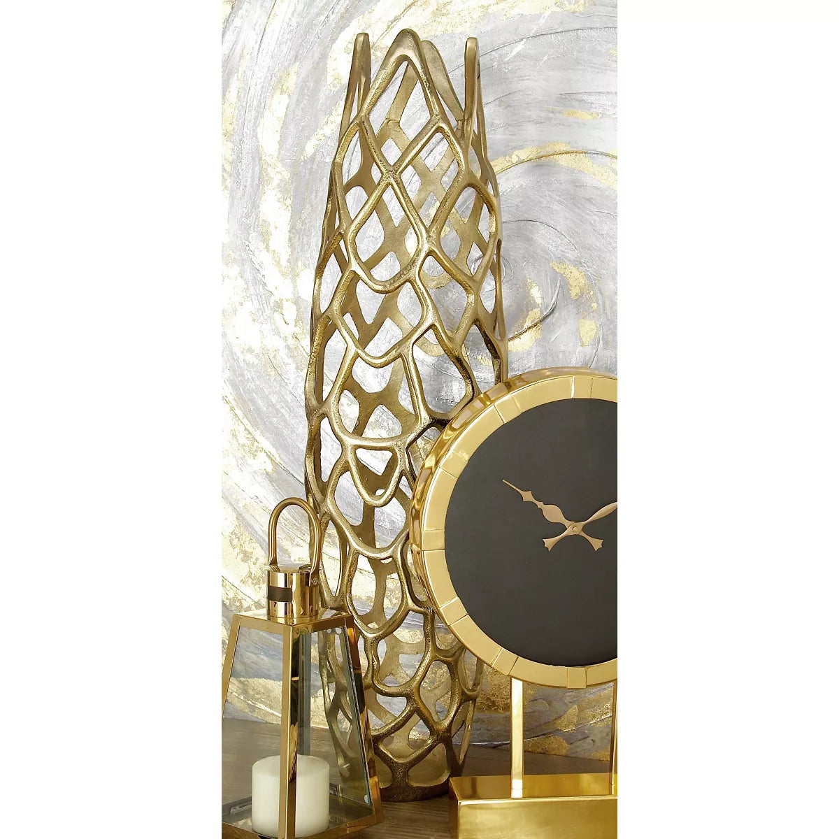 31" x 9" Contemporary Gold Aluminum Vase with Eclectic Woven Net Design