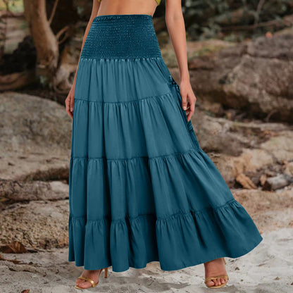Boho Tiered A-Line Skirt Women Forest Fairy Pockets Patchwork Long Dress Elastic Waist Vintage Hippie Gypsy Maxi Skirt 스커트