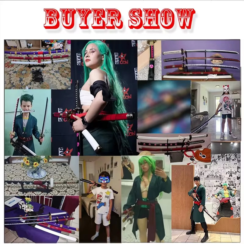 Set of 3 Handmade 41" Zoro Katanas - Anime Cosplay Swords Crafted from Bamboo Wood for Collectors and Gift Giving