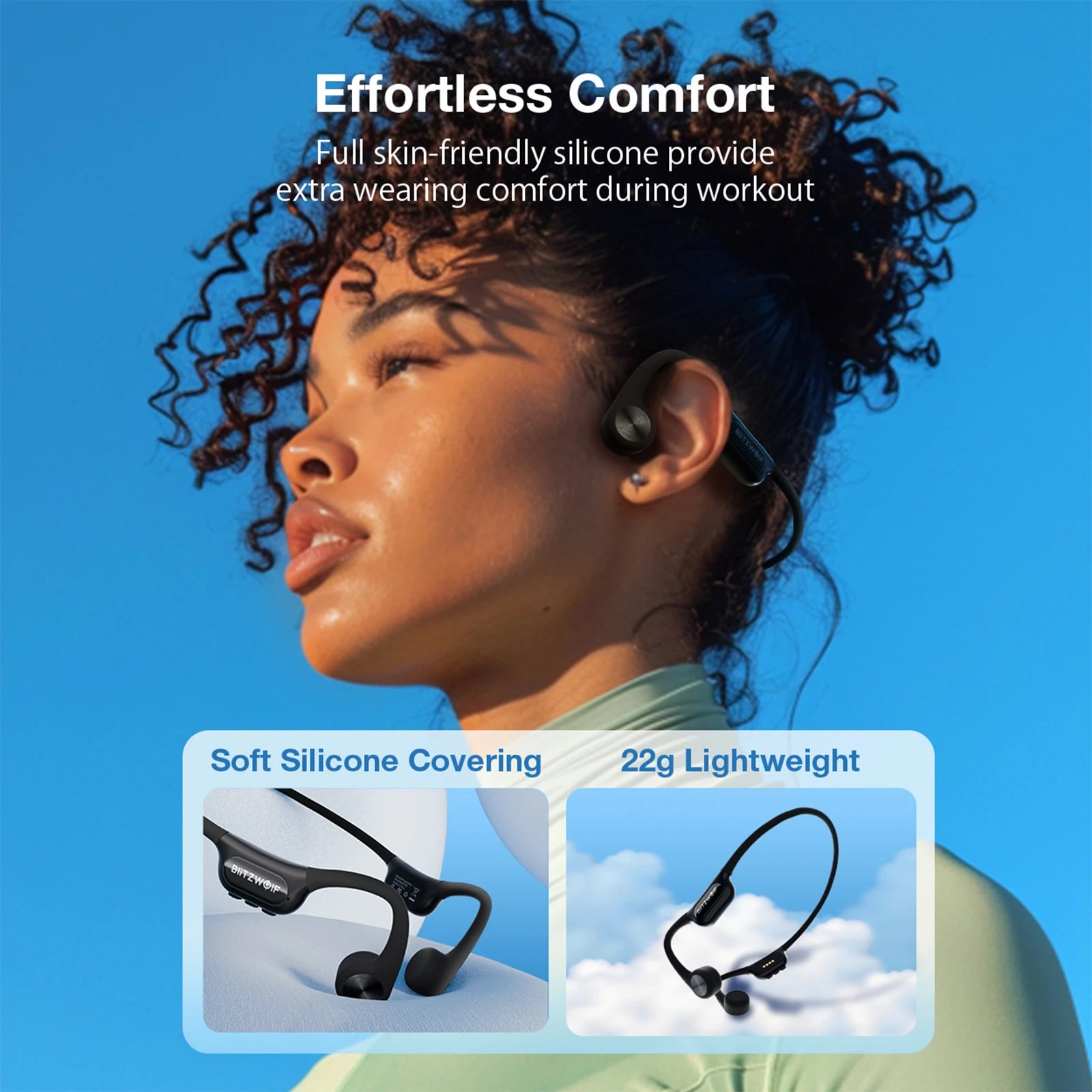 Blitzwolf BW-BTS9 Bluetooth Earphone Bone Conduction Earbuds Built-In 32GB Memory IPX8 Waterproof Soft Silicone Comfort Wear Sports Headphones with Mic