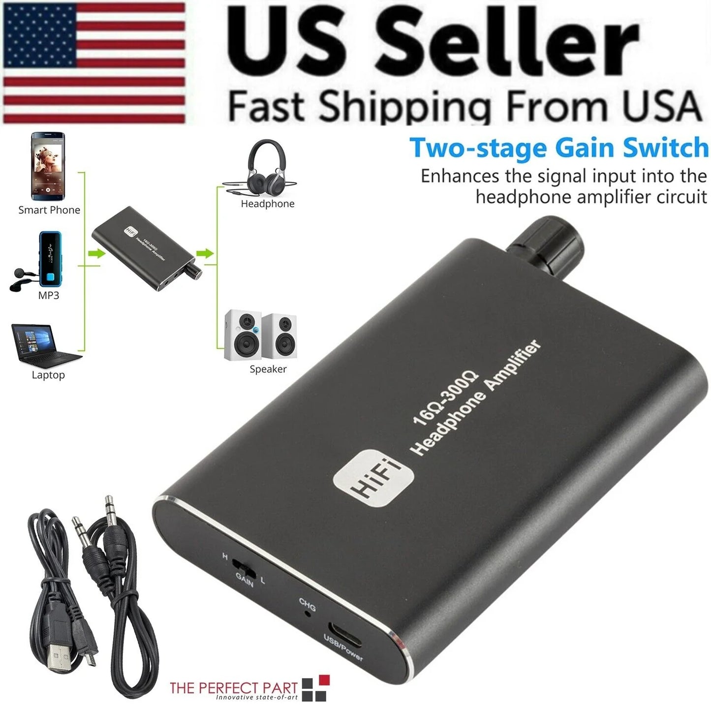 16-300Ω HIFI Headphone Amplifier Portable Earphone AMP 3.5Mm W/ Audio USB Cable