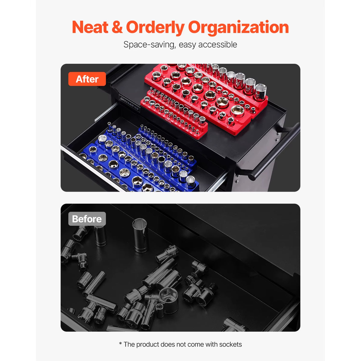 Succebuy Magnetic Socket Organizer Set - 6 or 8 Pieces, Blue and Red, for 3/8'' and 1/2'' Metric and SAE Sockets with Clear Labels for Tool Box