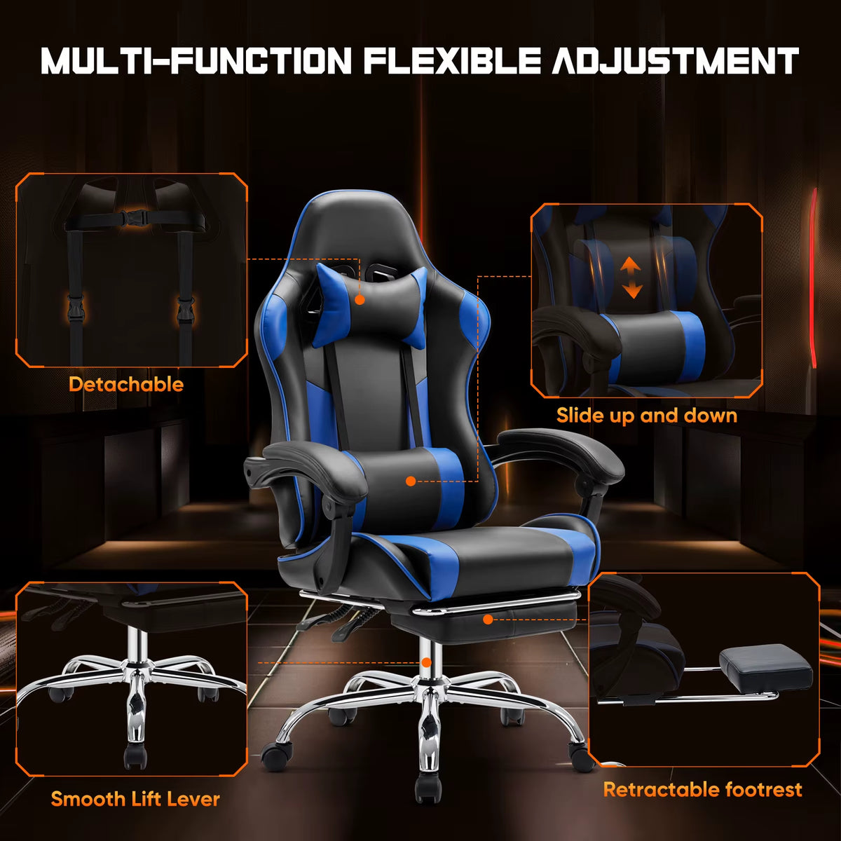 JHK Ergonomic Racing Gaming Chair with Adjustable Swivel, PU Leather, Headrest, and Lumbar Support for Office and Living Room Use
