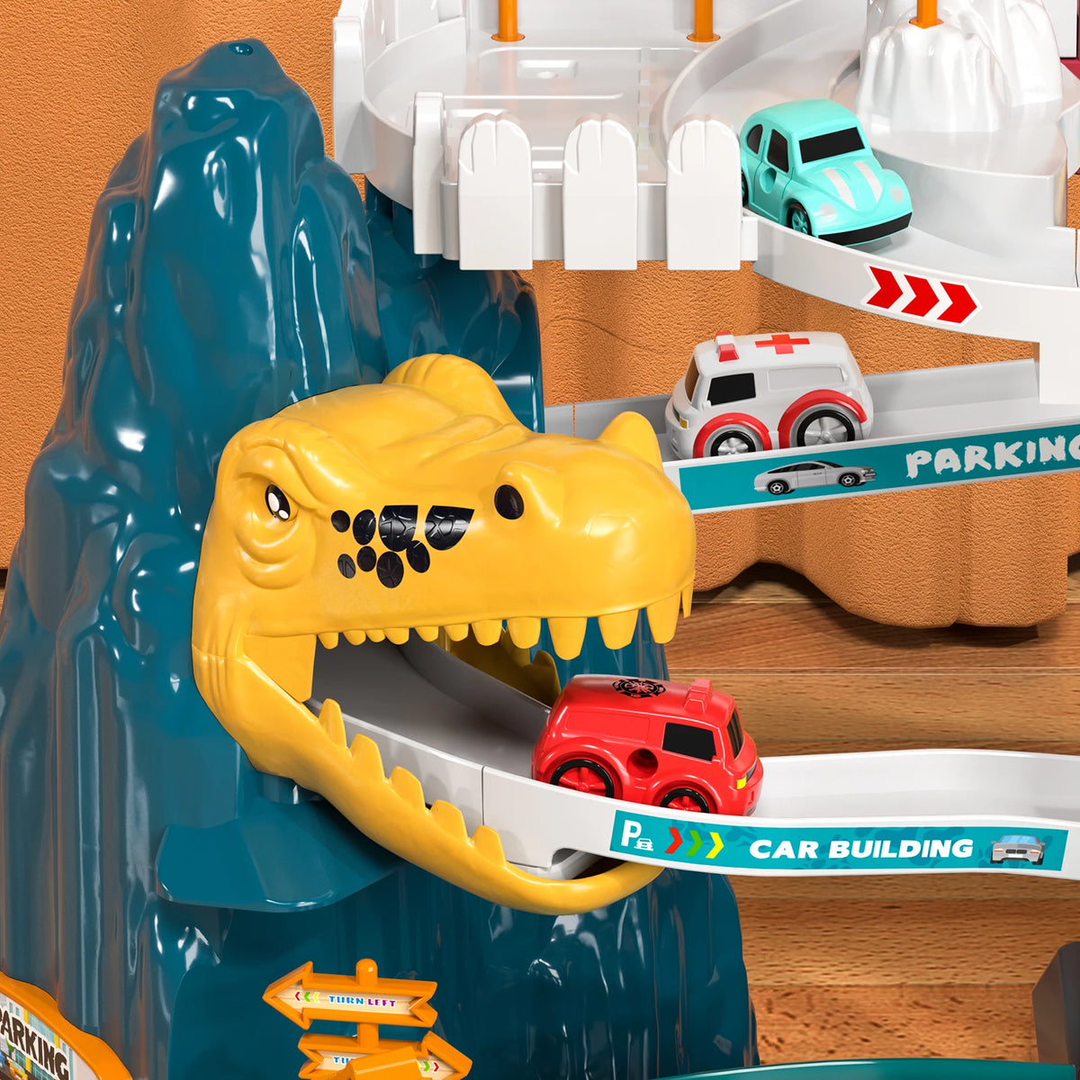 Boys Dinosaur Race Track Playset with Rolling Hills and Ramp for Mini Cars