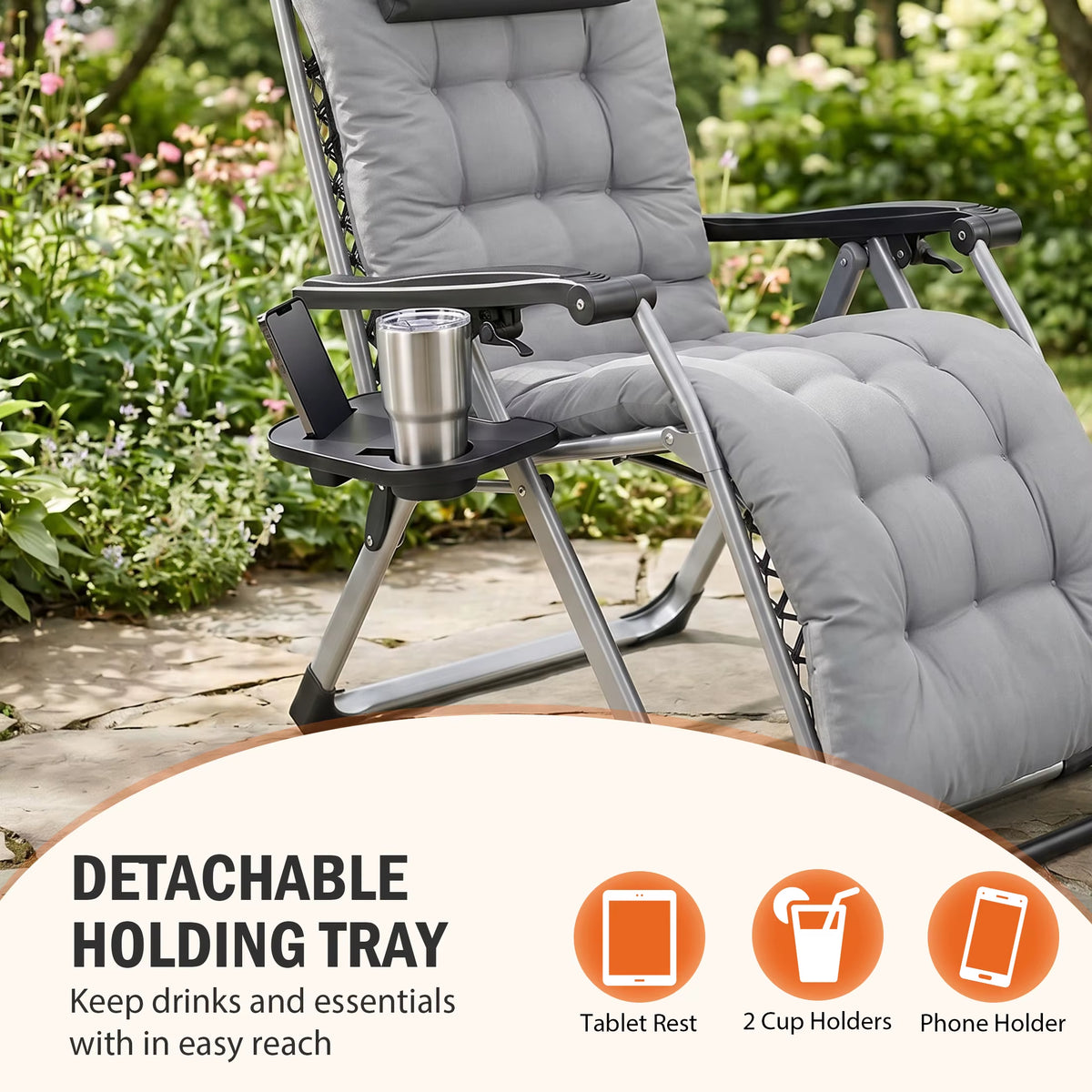 JHK Zero Gravity Reclining Lounge Chair with Soft Cushion and Cup Holder Trays for Outdoor and Indoor Use