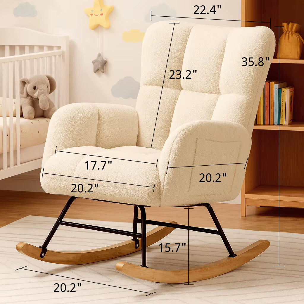 COMHOMA Teddy Glider Rocking Chair with Side Pockets, High Back Design for Adults - Ideal for Bedroom and Living Room