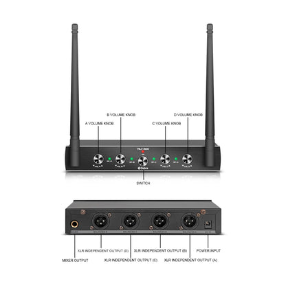 Pro UHF 4 Channels Wireless Microphone System with 4 Bodypack Lavalier Headset Portable Mic for Karaoke Church Party