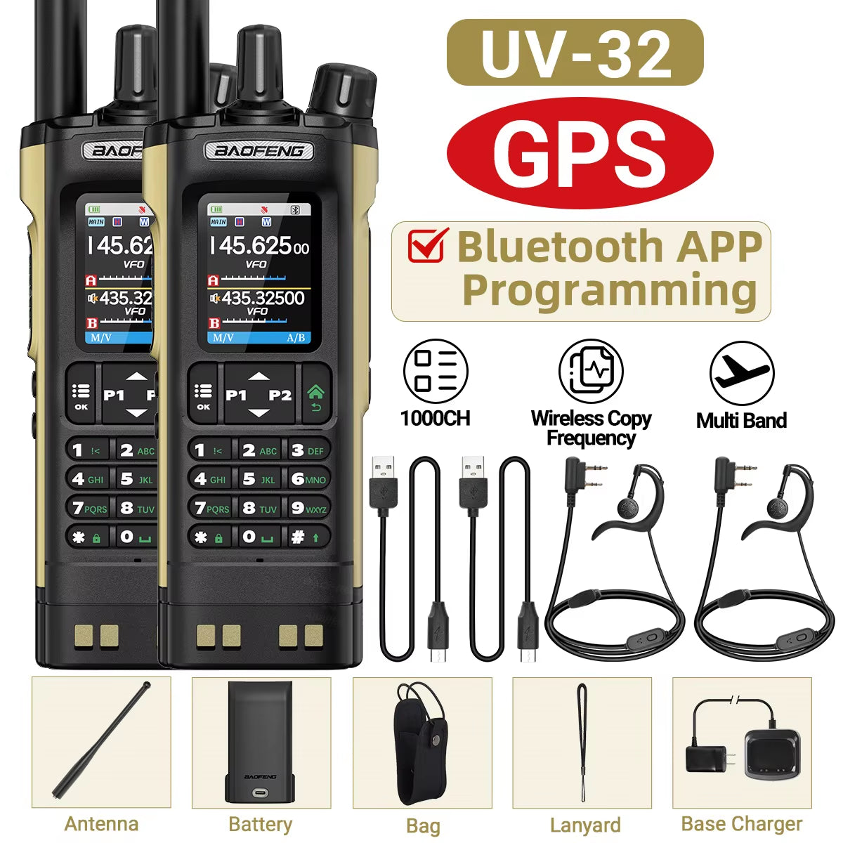 Baofeng UV-32 GPS Walkie Talkie 10W Long Range Multi Band Bluetooth APP Programming Wireless Copy Frequency Type-C Two Way Radio