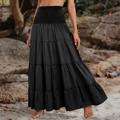 Boho Tiered A-Line Skirt Women Forest Fairy Pockets Patchwork Long Dress Elastic Waist Vintage Hippie Gypsy Maxi Skirt 스커트