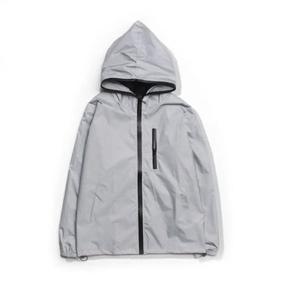 Thin Shiny Silver Reflective Jacket. Unisex Cycling Full-Reflective Hooded Jacket Coat, Windproof for Night Running. S-5XL