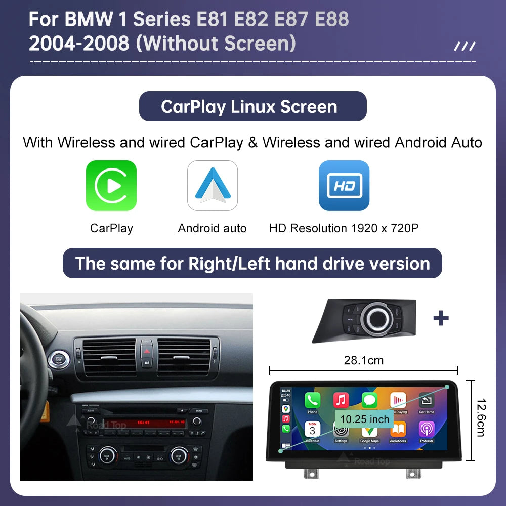 Wireless CarPlay and Android Auto Multimedia Display for BMW 1 Series E81 E82 E87 E88 with CCC and CIC Systems