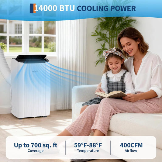 14000 BTU Portable Air Conditioner - 3-in-1 Cooling Unit with Fan, Dehumidifier, Remote Control, 48dB Quiet Operation, 24-Hour Timer, and Window Kits for Indoor Rooms, Offices, and Dorms, Cools up to 750 Sq. Ft.