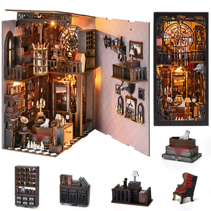 Book Nook Kit Dark Family DIY Wooden Puzzle Gothic Style Halloween Bookshelf Dollhouse Model Bookend Building Home Decoration