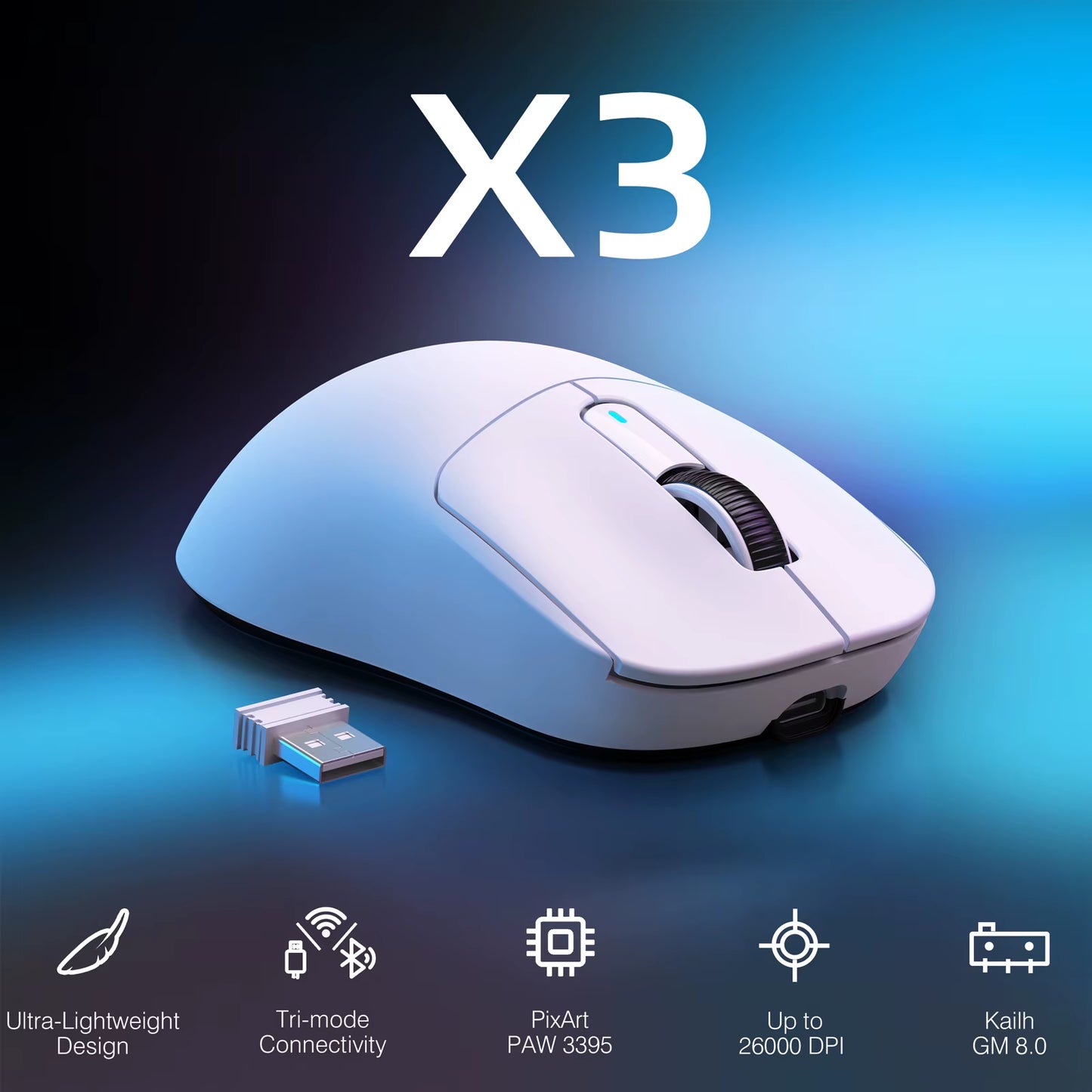 ATTACK SHARK X3 Wireless Gaming Mouse,49G Ergonomic PC Mouse,Triple Modes PAW3395 26K DPI Optical Sensor,Programmable Buttons