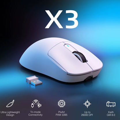 ATTACK SHARK X3 Wireless Gaming Mouse,49G Ergonomic PC Mouse,Triple Modes PAW3395 26K DPI Optical Sensor,Programmable Buttons