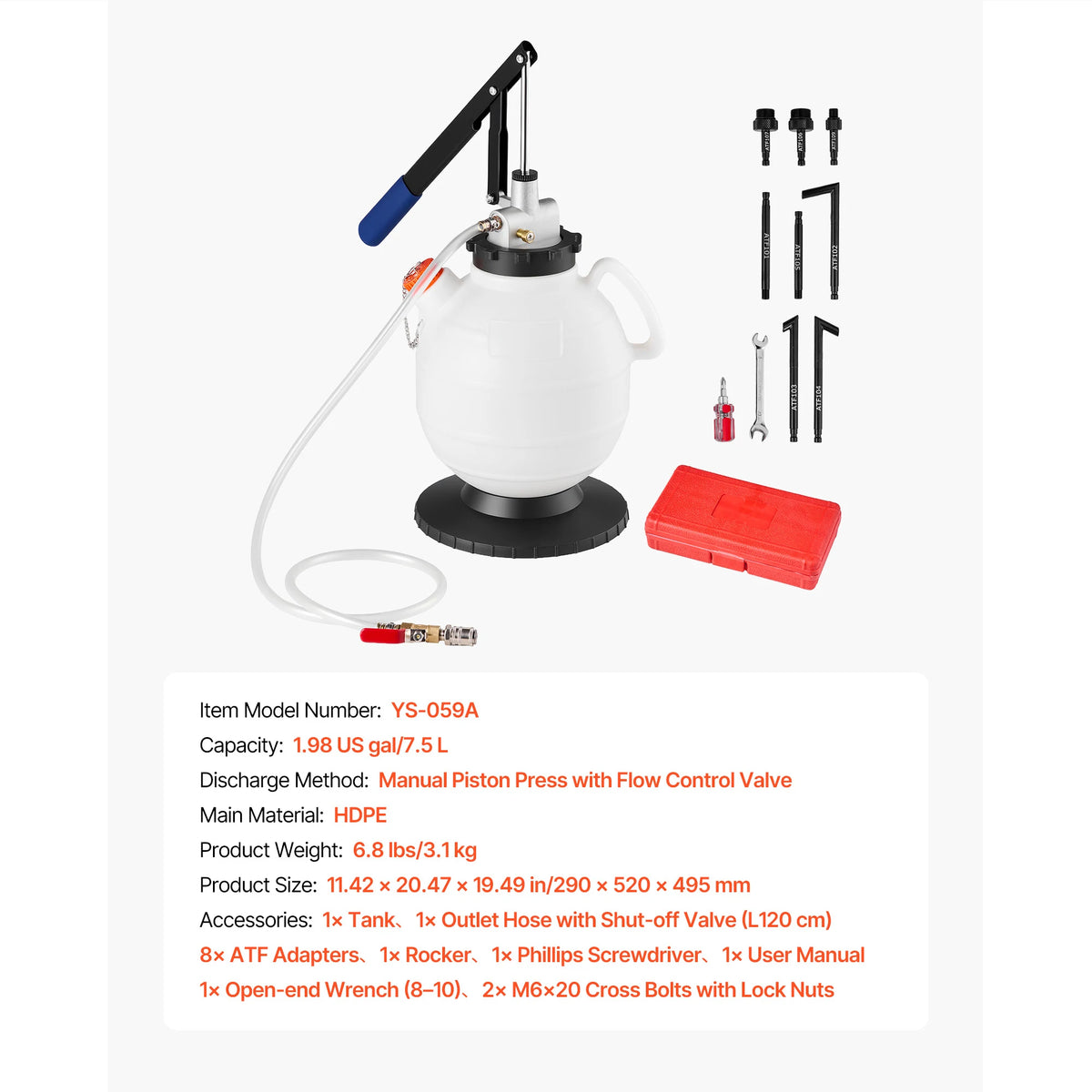 Succebuy 7.5L Manual Transmission Fluid Pump with 8 ATF Adapters and 47-Inch Outlet Hose for Oil Replacement