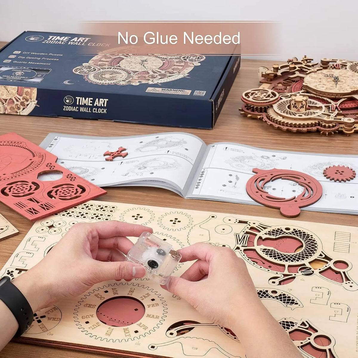 Robotime 3D Wooden Puzzle Wall Clock - Mechanical Building Kit for Children, Ideal Christmas Gift